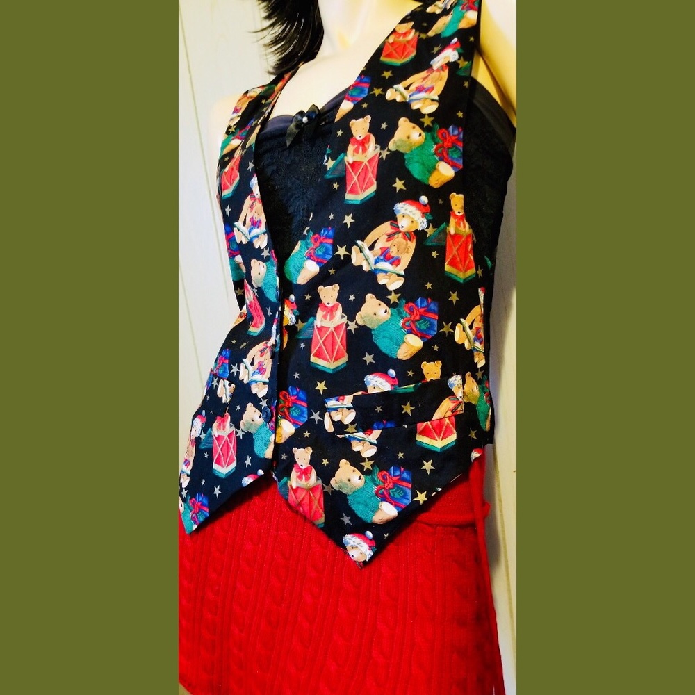 💚Vintage 90s Teddy Bears Stars Print Christmas Vest❤️